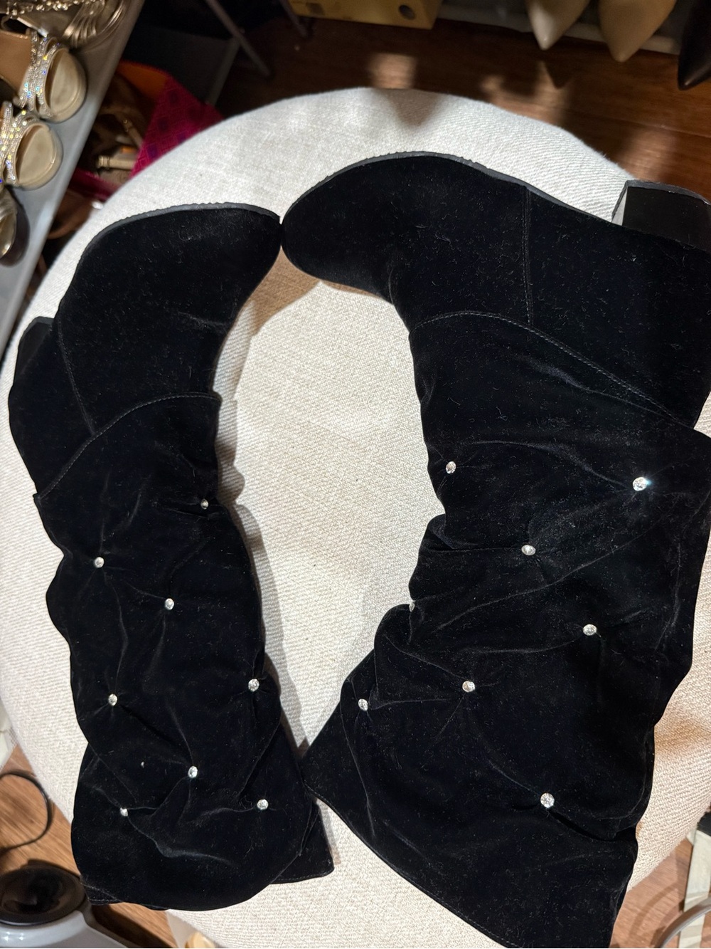 Black Ruched Heeled Boots with Rhinestones